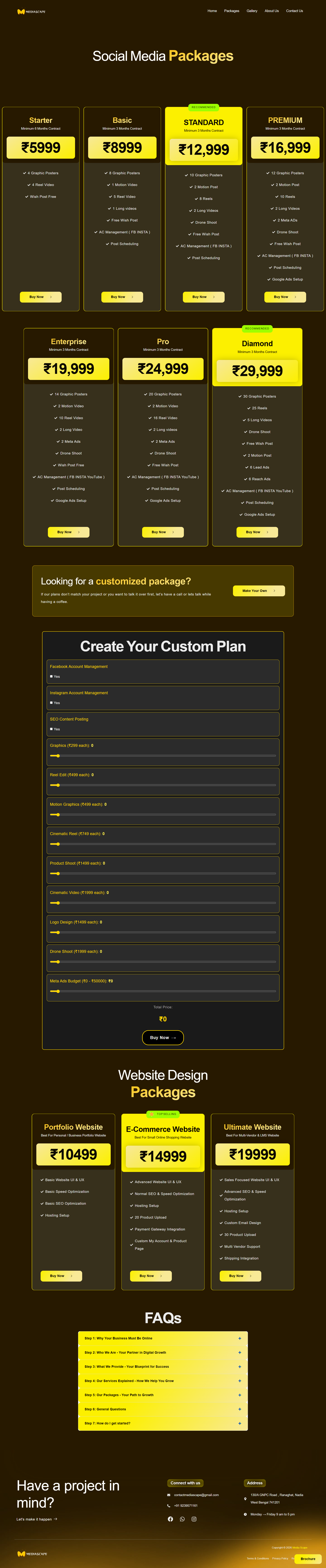 Mediascape — Packages page with Social Media tiers, Custom Plan builder and Website packages