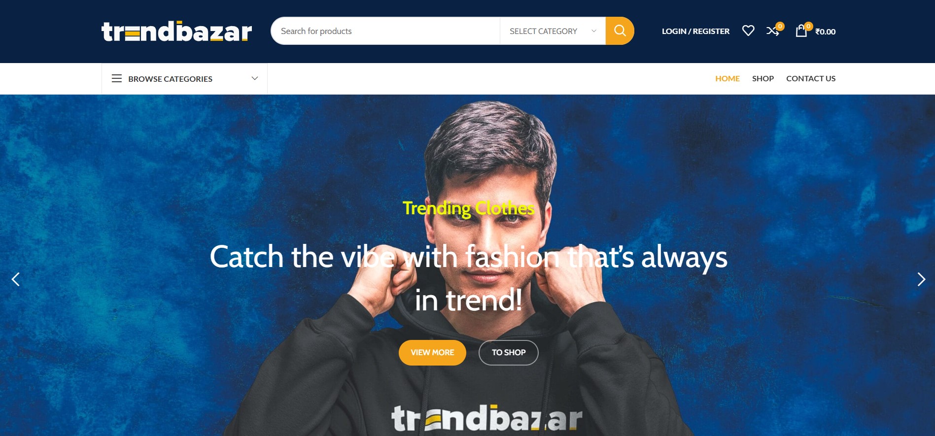 TrendBazar — Homepage header with search, categories and hero banner