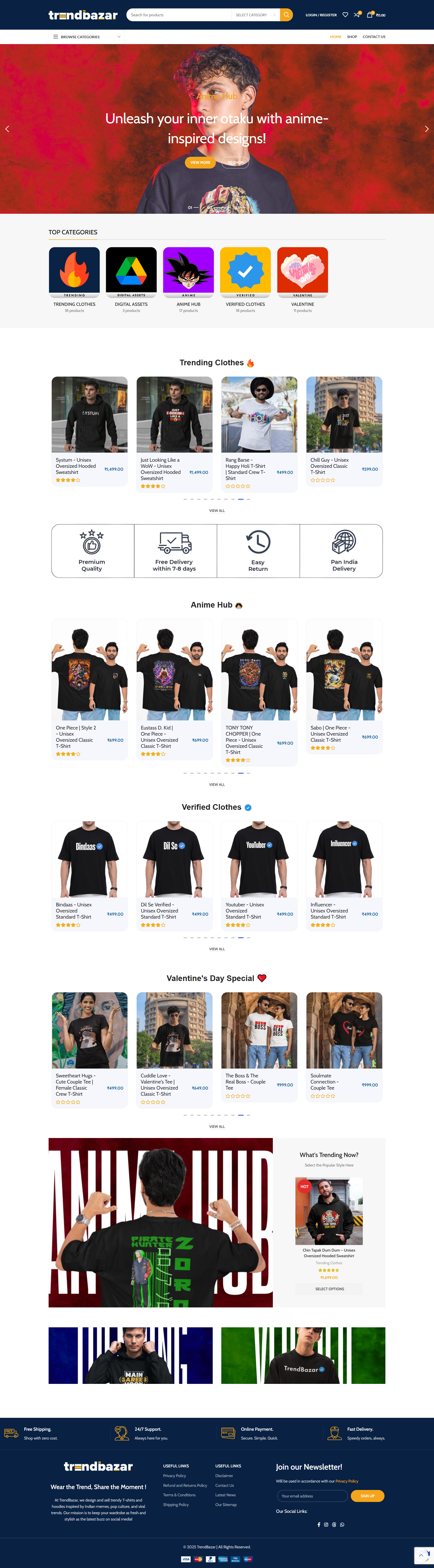 TrendBazar — Full storefront with product collections and footer